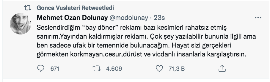 mehmet ozan dolunay dan bay doner reklami tepkilerine yanit 